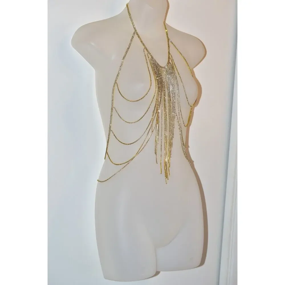 Vintage Body Necklace Top Wrap Rhinestone Crystal Gold Tone Fringe Chain Belt